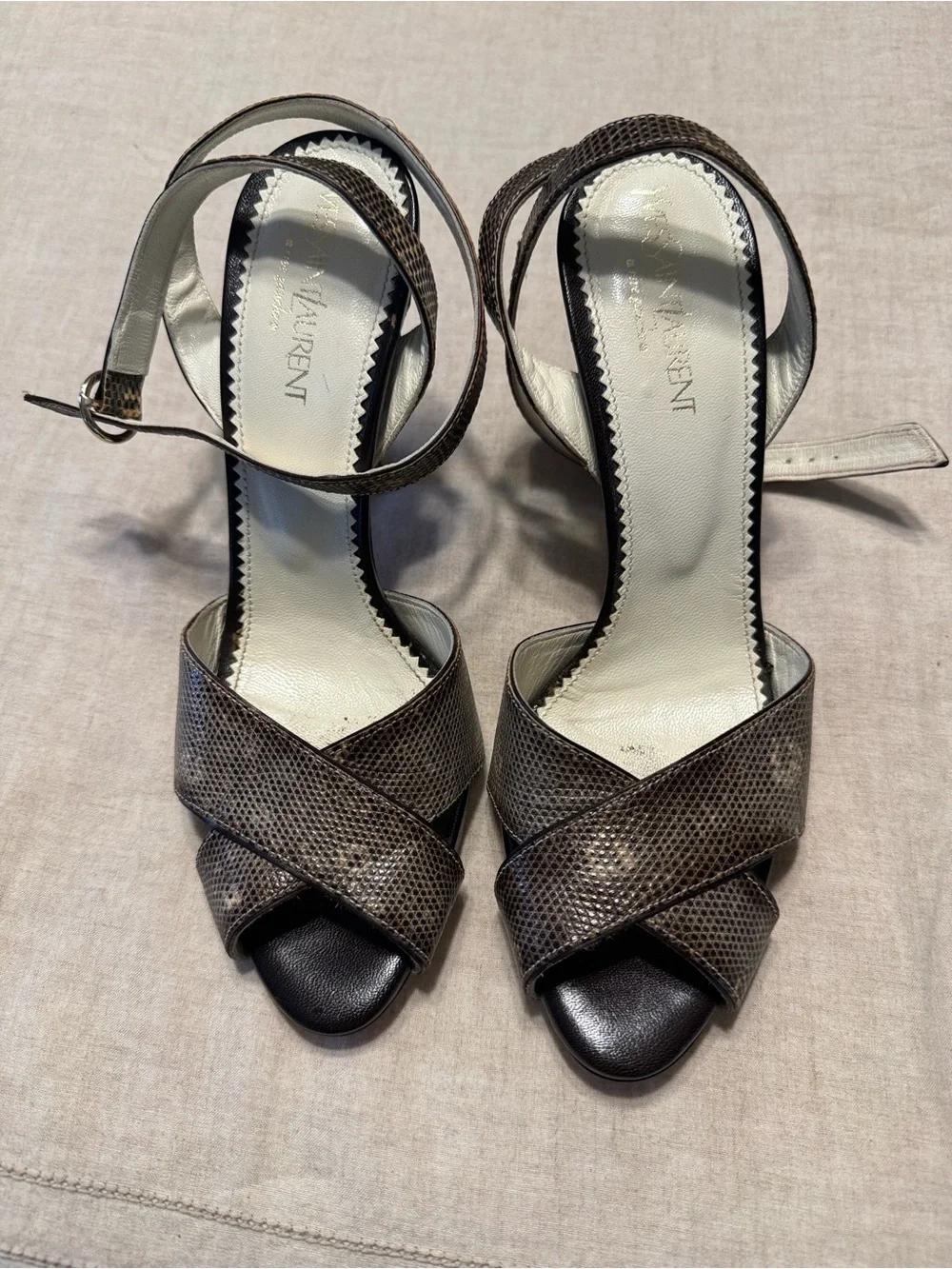 Yves Saint Laurent Brown Snakeskin-Effect Ankle-Strap Open Toe Stiletto Sandals